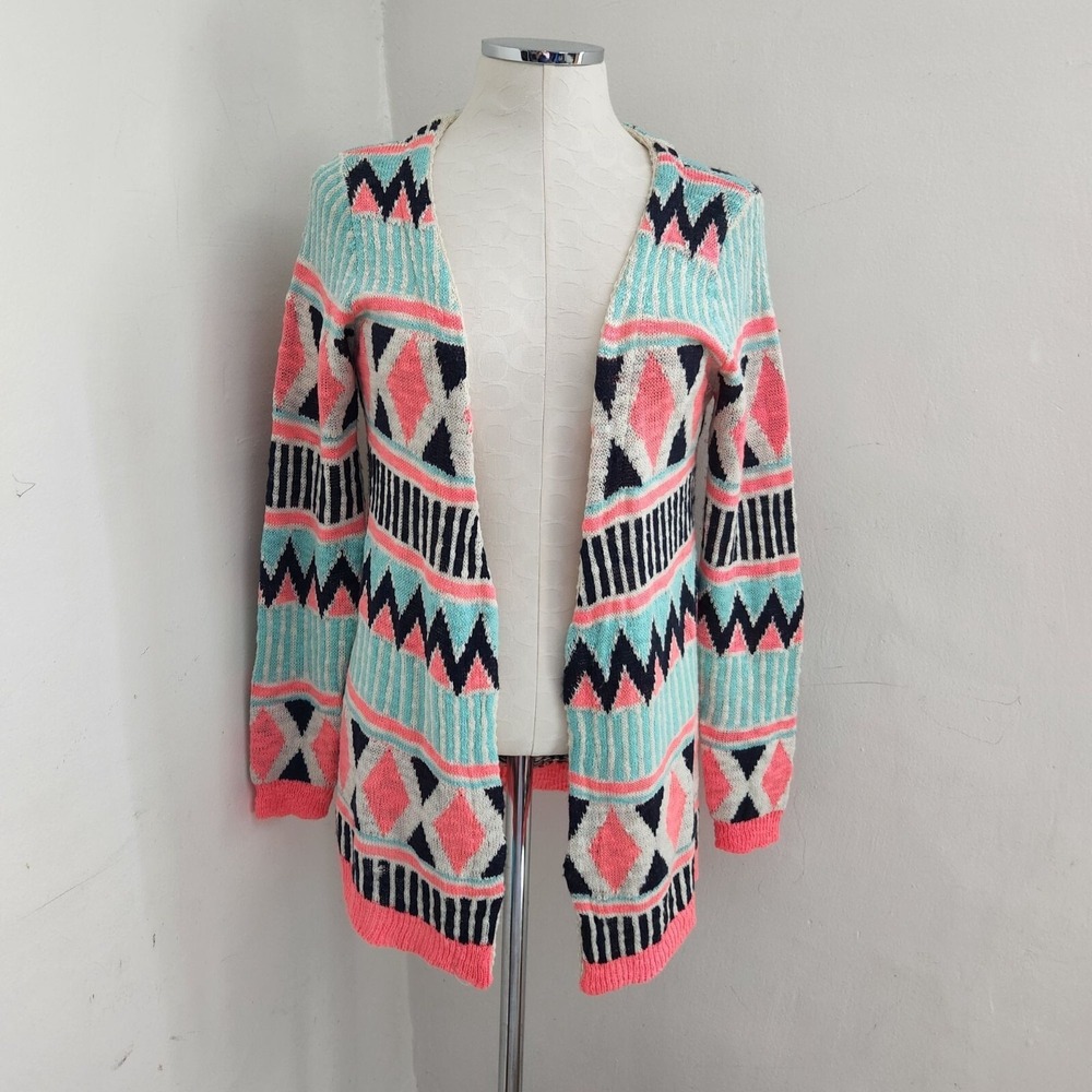 L Love Pink Blue Geometric Print Open Cardigan‎ Women's S/M